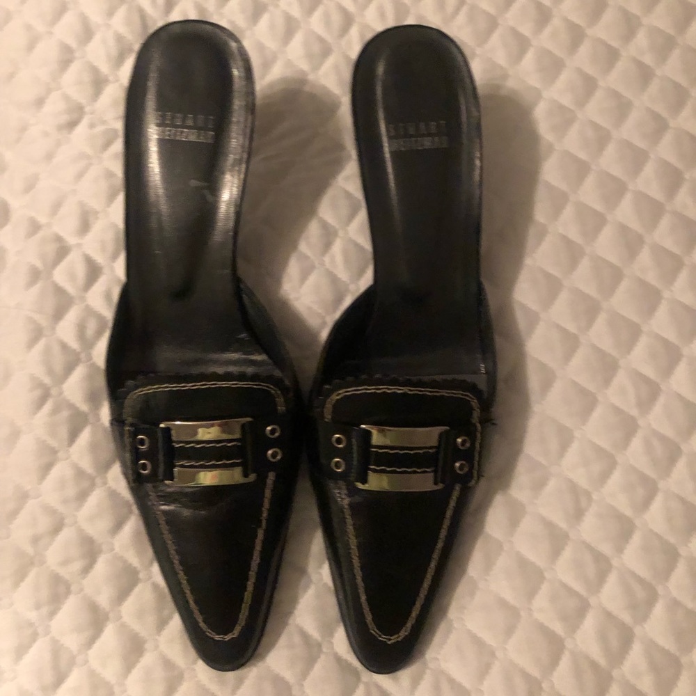 Stuart weitzman black leather kitten heel mules 9